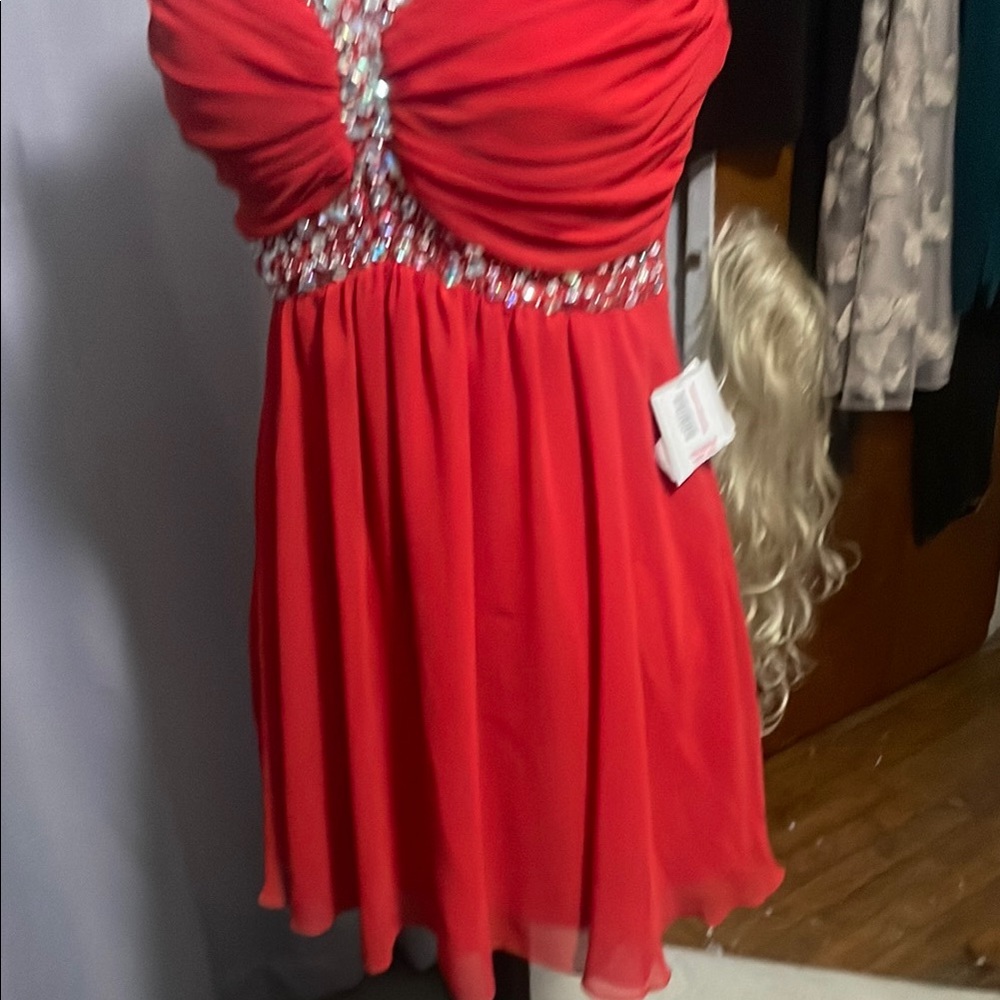 Red Strapless Dress with Rhinestone Detailing